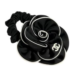 CHANEL Black & White Camelia Flower Hair Scrunchy